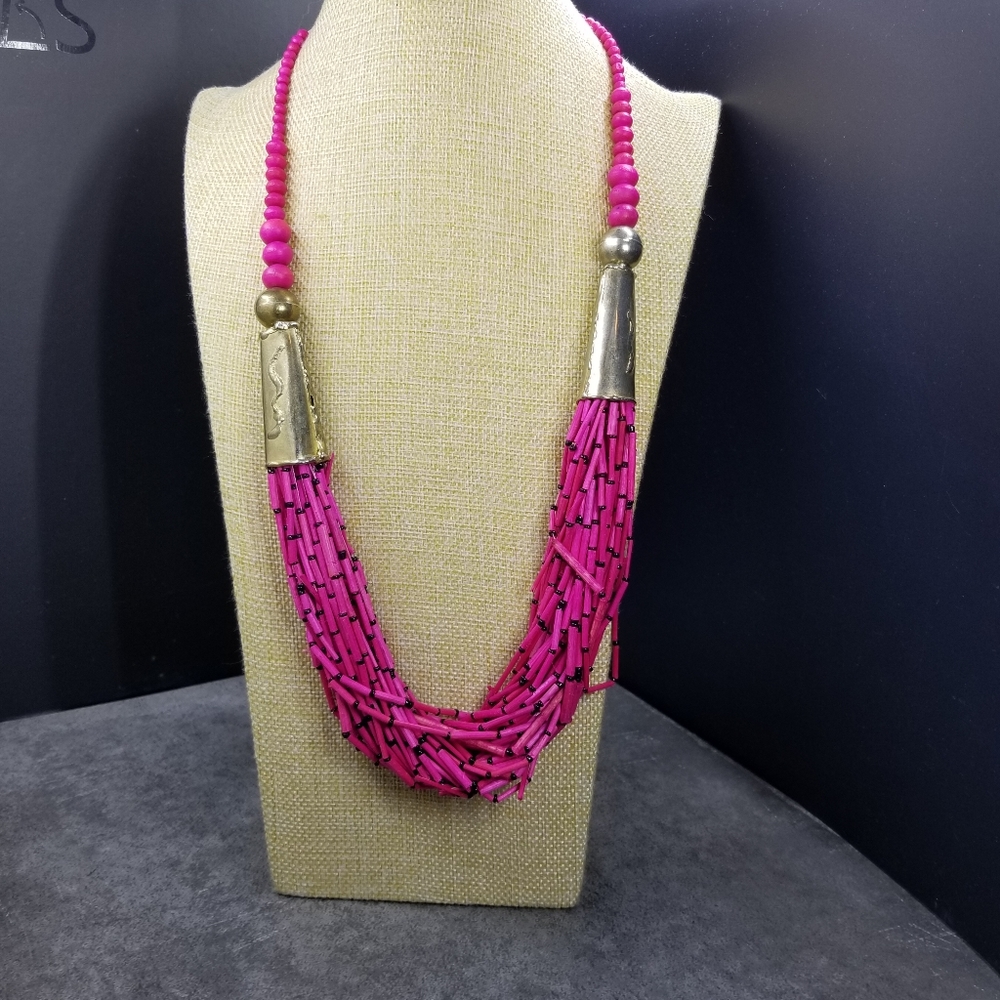Pink beaded tribal bohemian necklace